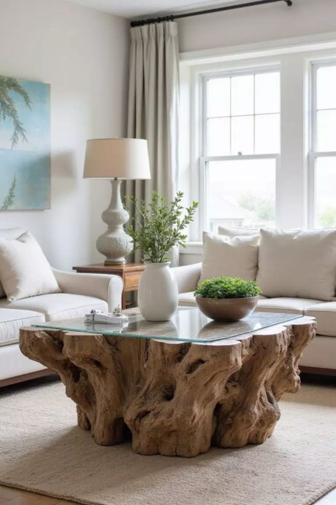 Driftwood textured cozy lounge with greenery