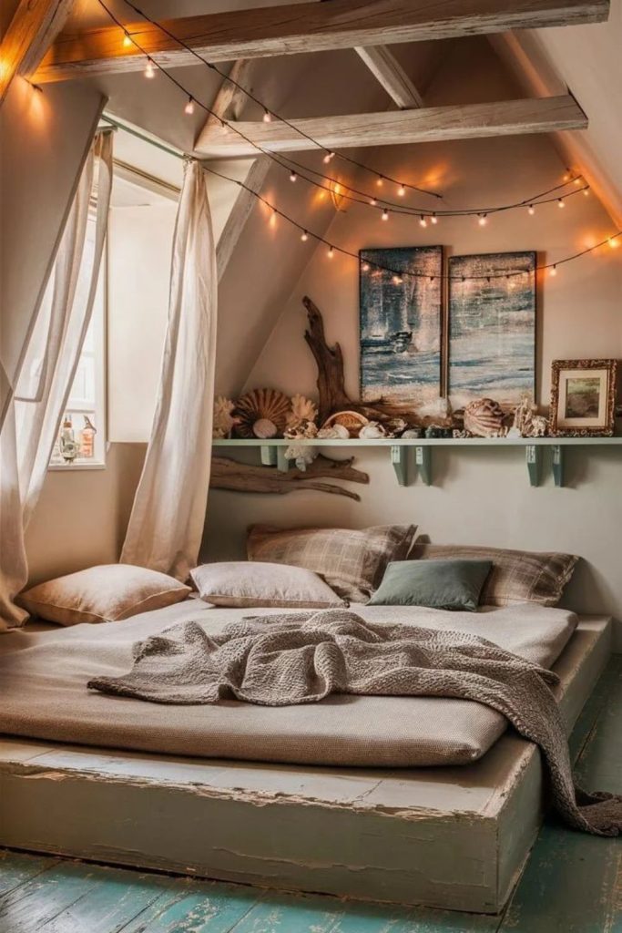 Driftwood sculptures linen cushions hanging lanterns ferns