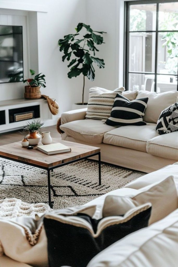 Beige framed lounge black artwork.