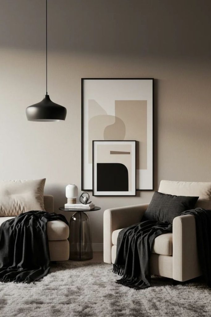 Grainy beige lounge with black metal.