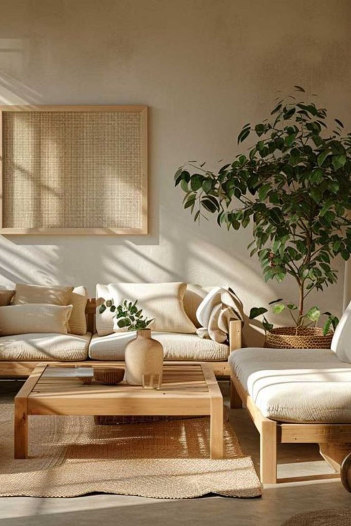 Earth-toned living room with natural textures.