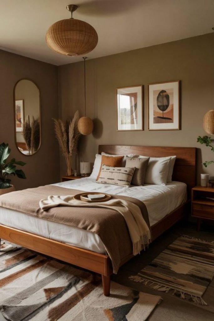 Earth tone mid century modern bedroom