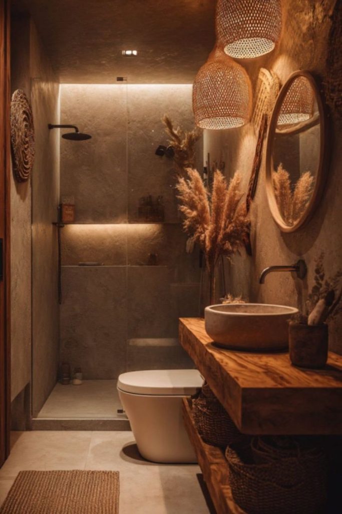 Warm terracotta cozy bathroom interior