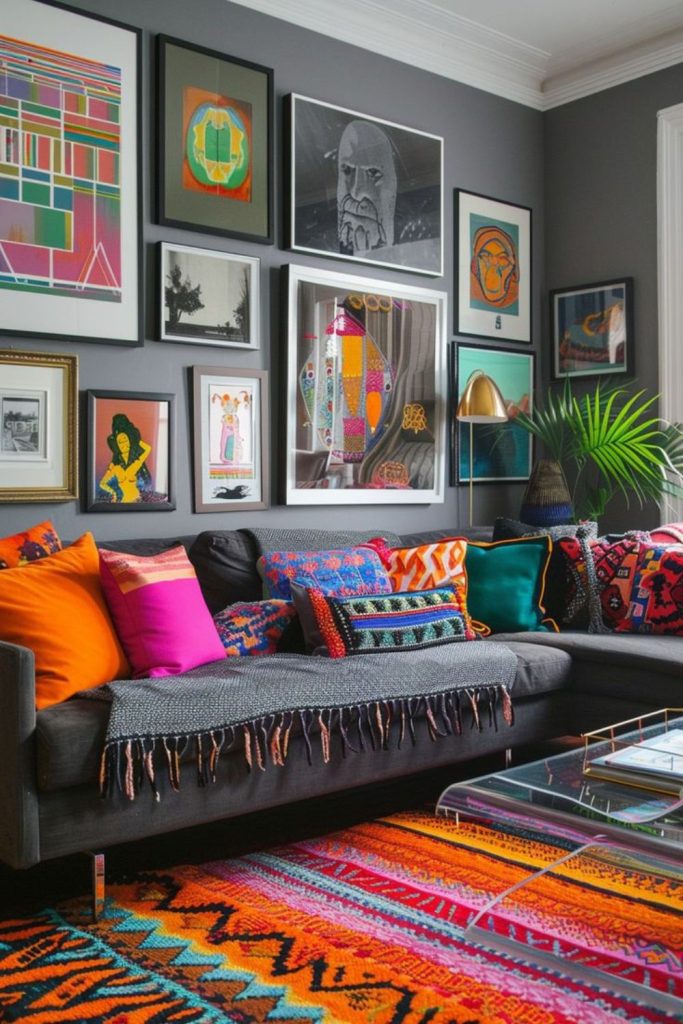 Bright pillows and playful wall art