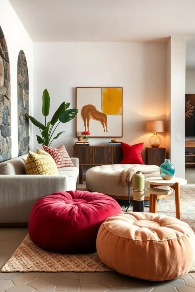 Mismatched furniture creating playful casual chaos.