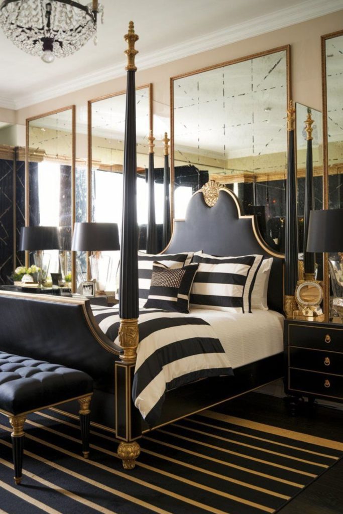 Black and gold reflective candlelit bedroom