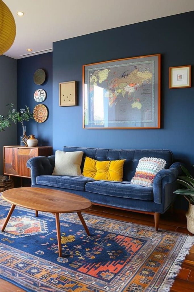 Electric blue experimental midcentury interior