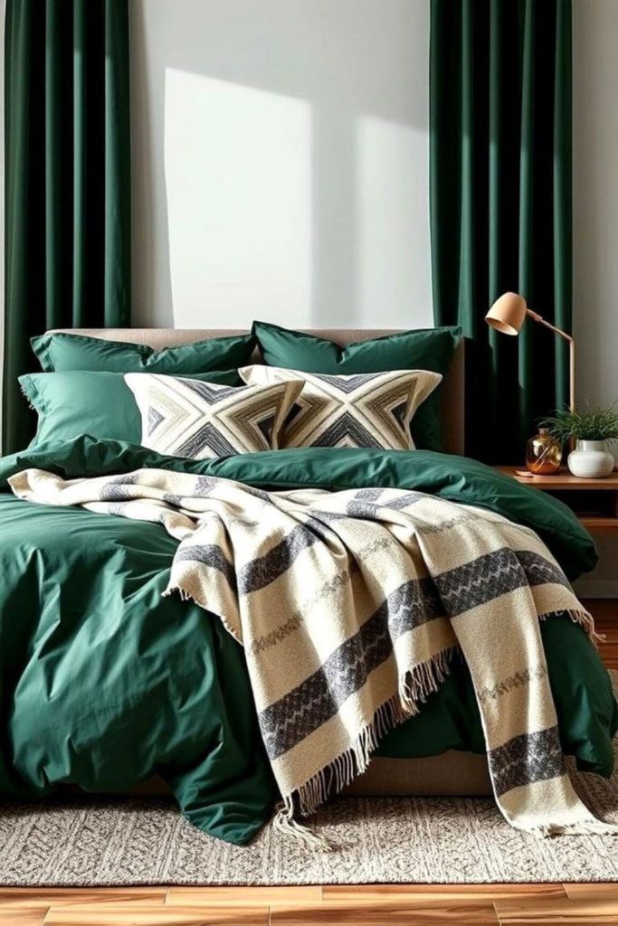 Emerald green forest inspired bedding