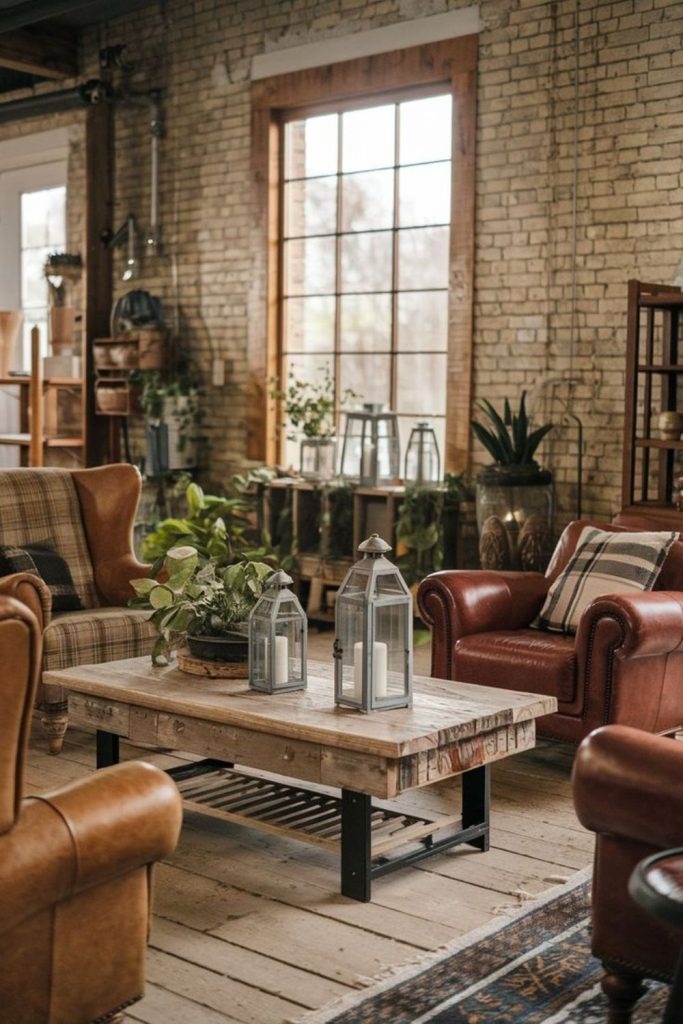 Farmhouse living room warm cozy setting.