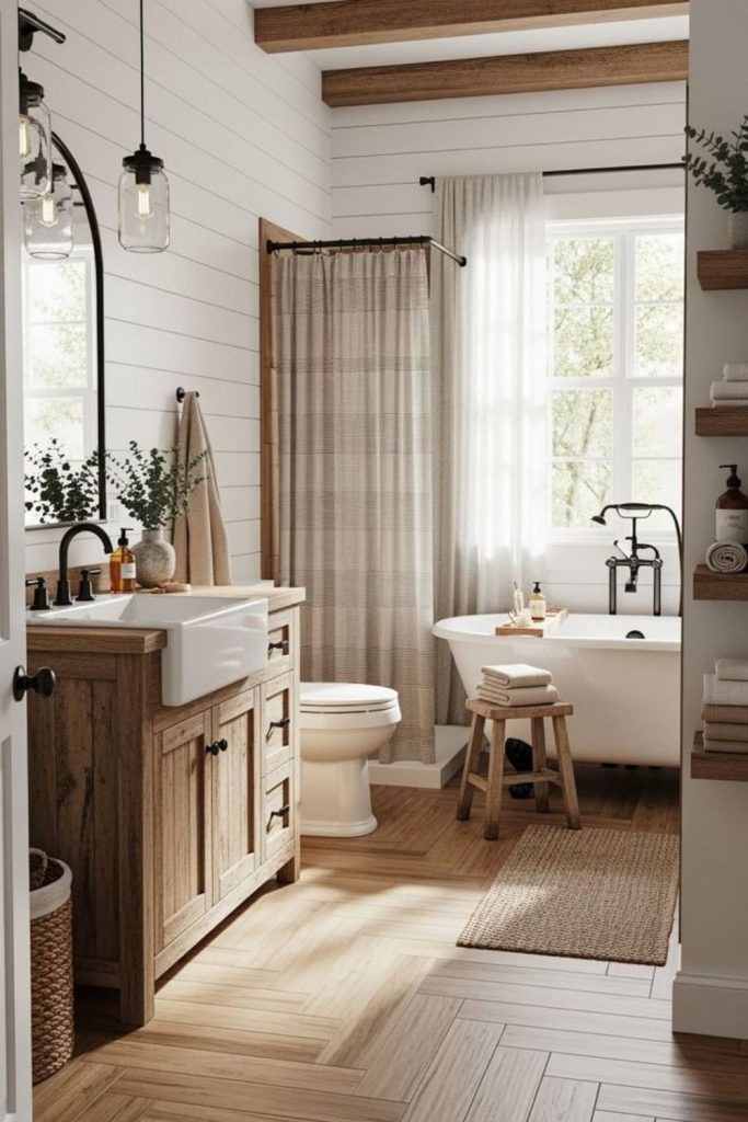 Sunlit fawnwood rustic bathroom