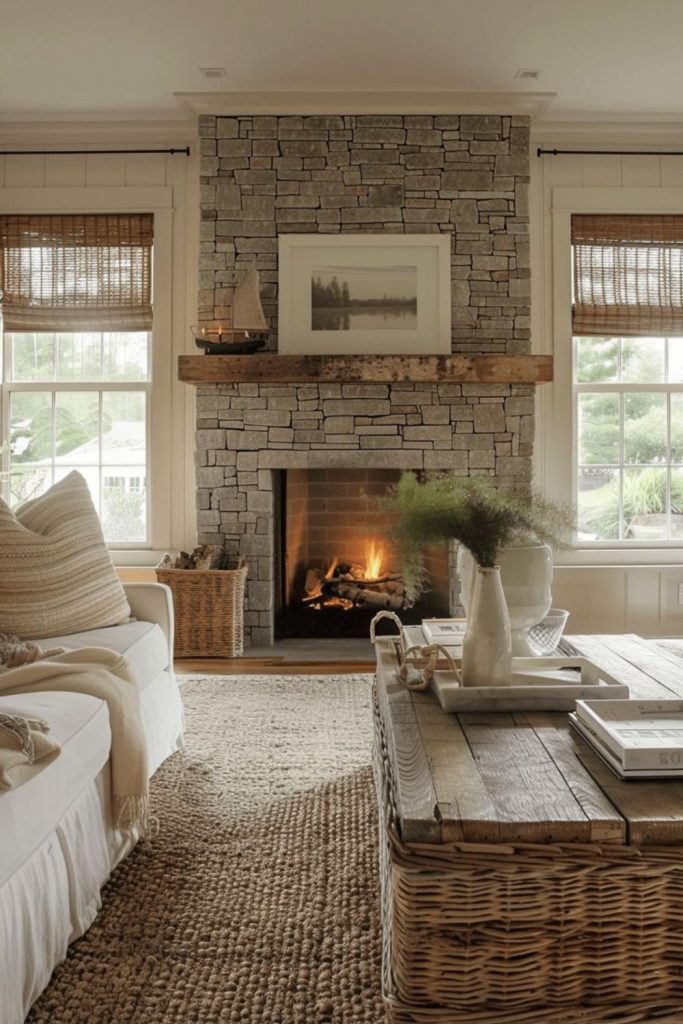 Fieldstone fireplace rustic living room