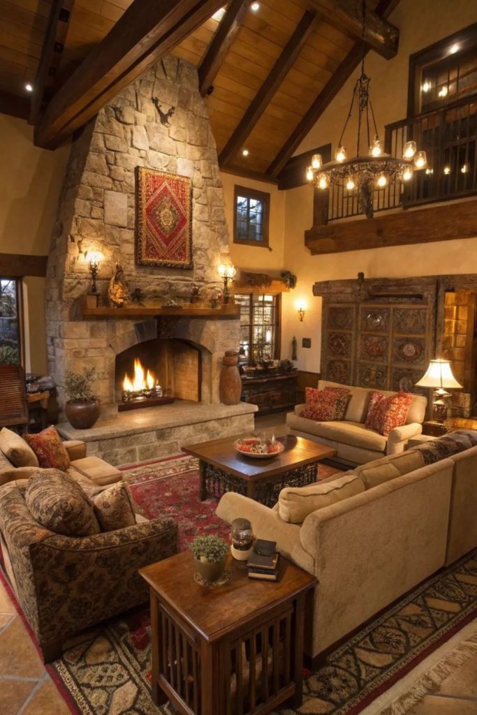 Fireside living room with velvet chairs