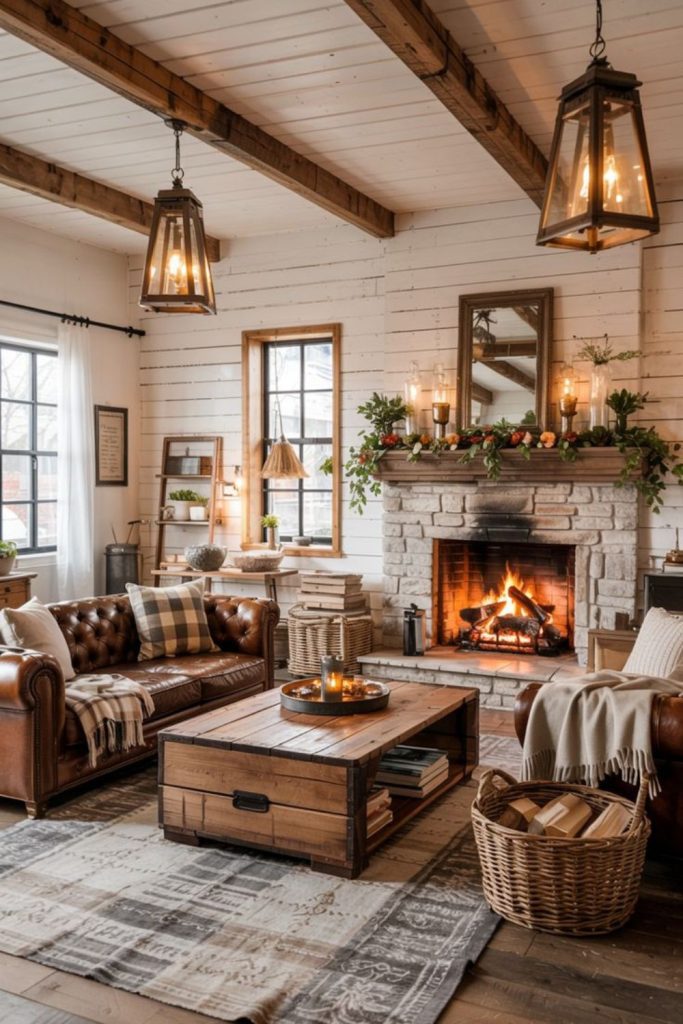 Fireside corner with rugged rustic charm