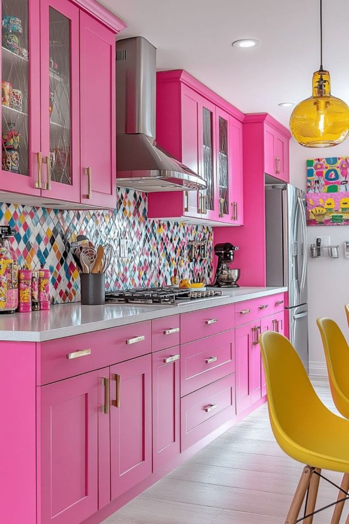 Coral kitchen with playful shelving
