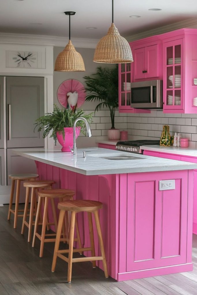 Bold coral cabinets in kitchen
