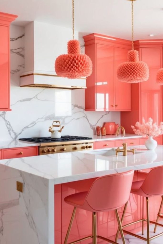 Coral pink kitchen with sunlight