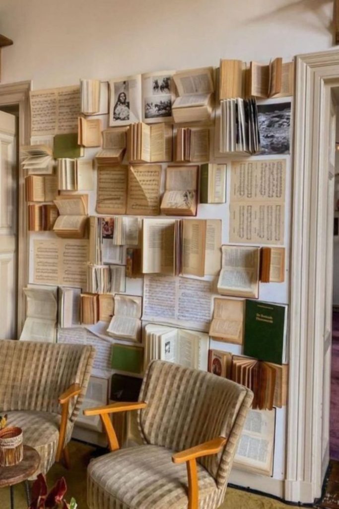 Suspended books forming floating literary installation