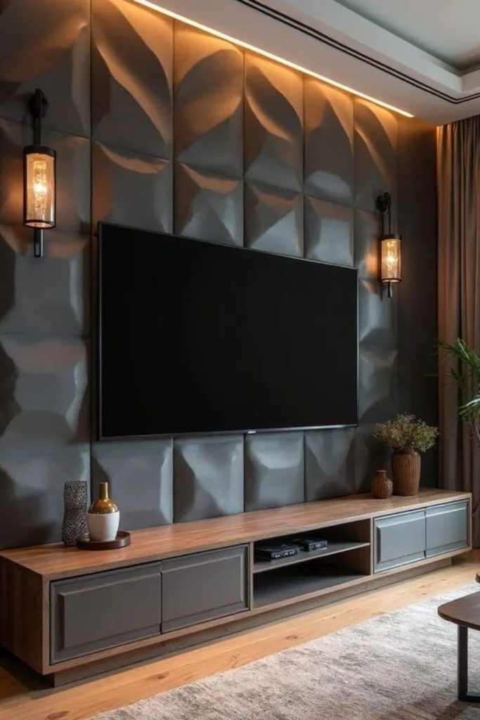 Cuboid shelves surround TV modern geometric.
