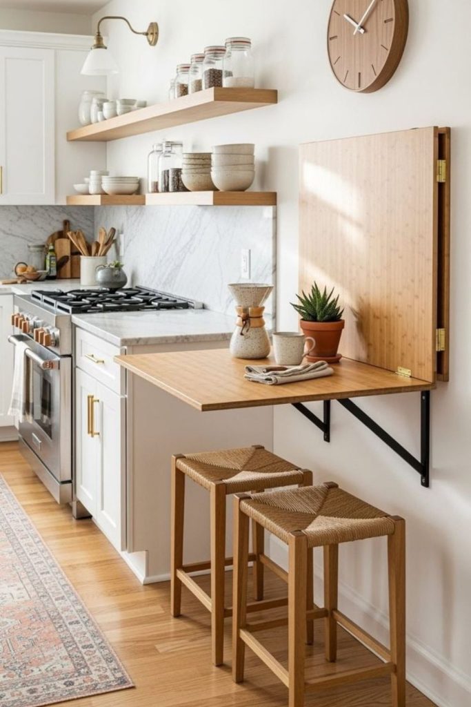 Wall-mounted cabinets create open floor illusion