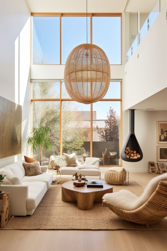 Suspended seating and tables creating airy illusions.