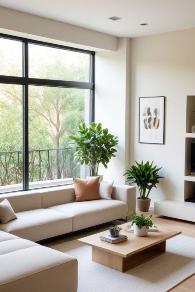 Airy rectangle lounge with floating furniture.