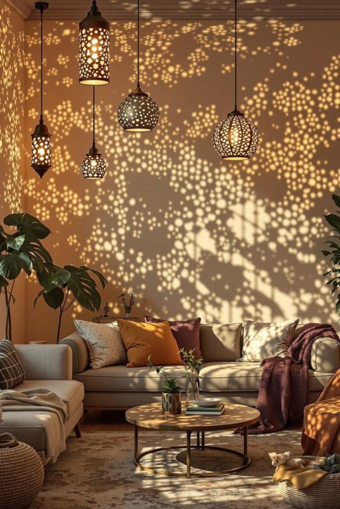 Mini lanterns hanging creating glowing constellation effect