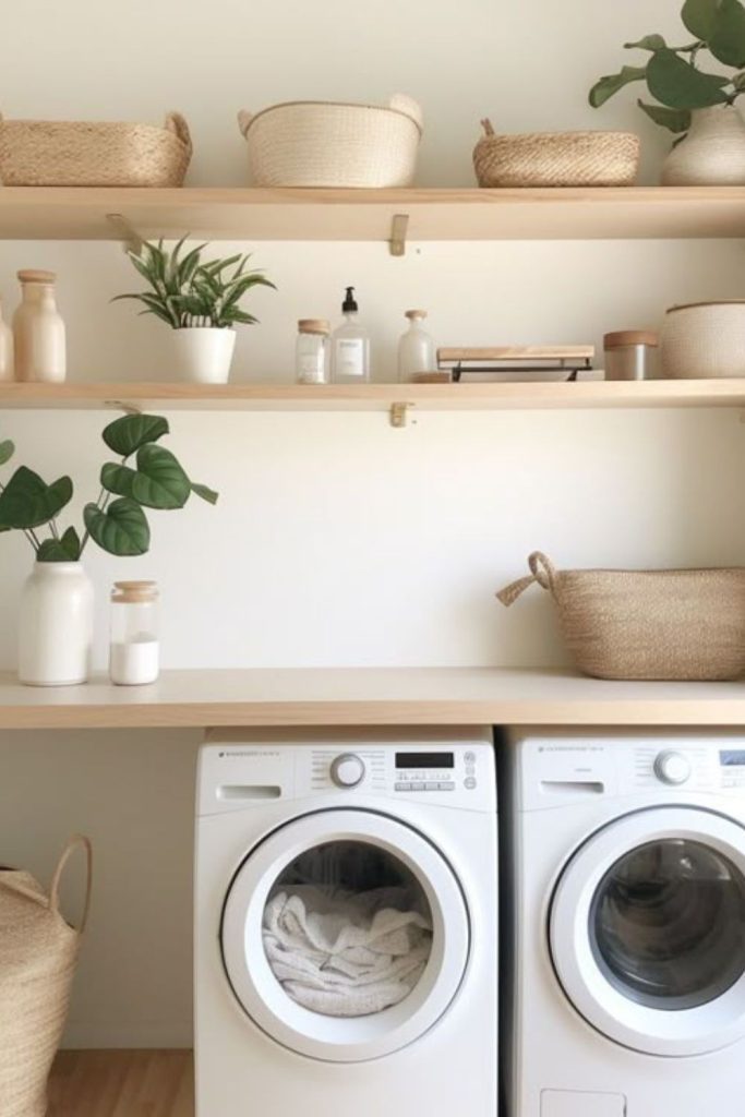 Floating shelves baskets mirrors minimal chic