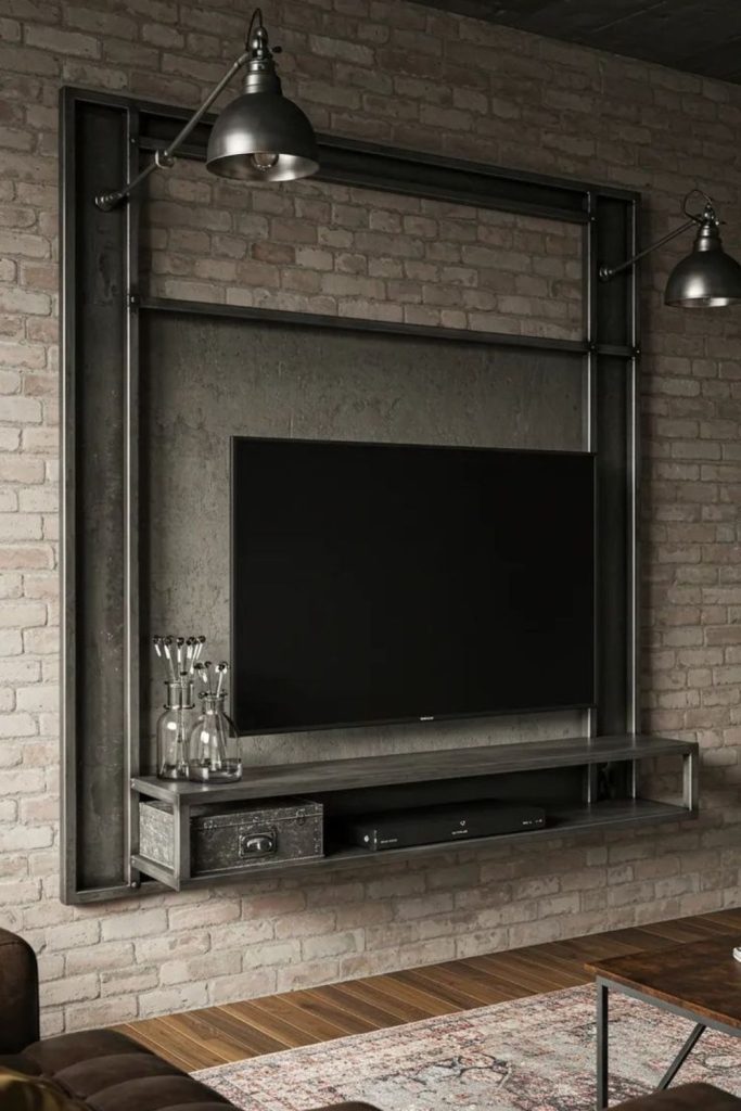 Metal rods rise behind television decor.
