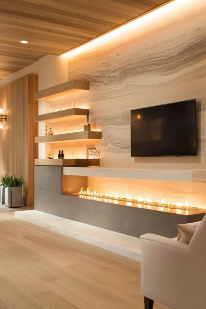 Staggered shelves surround TV eclectic decor.