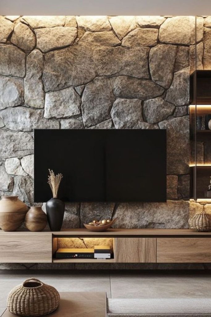 Large stone slabs TV wall decor.