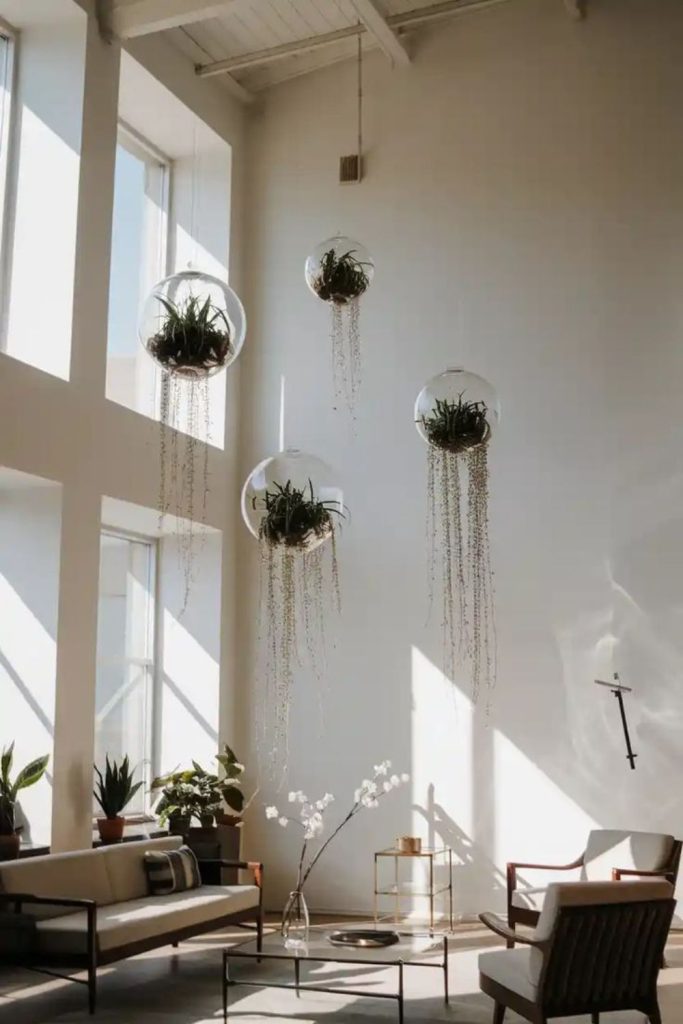 Hanging glass terrariums with miniature plants