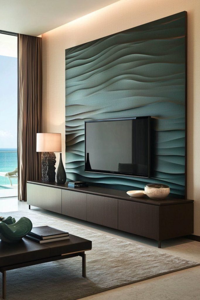 Curved wooden slats float TV wall.