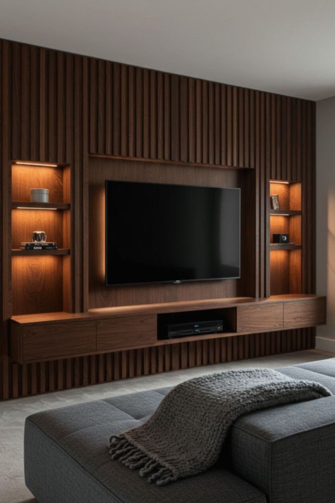 Wooden slats float TV textured wall.