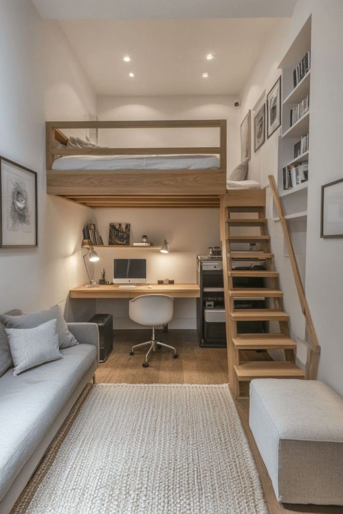 Lofted bed above small workspace