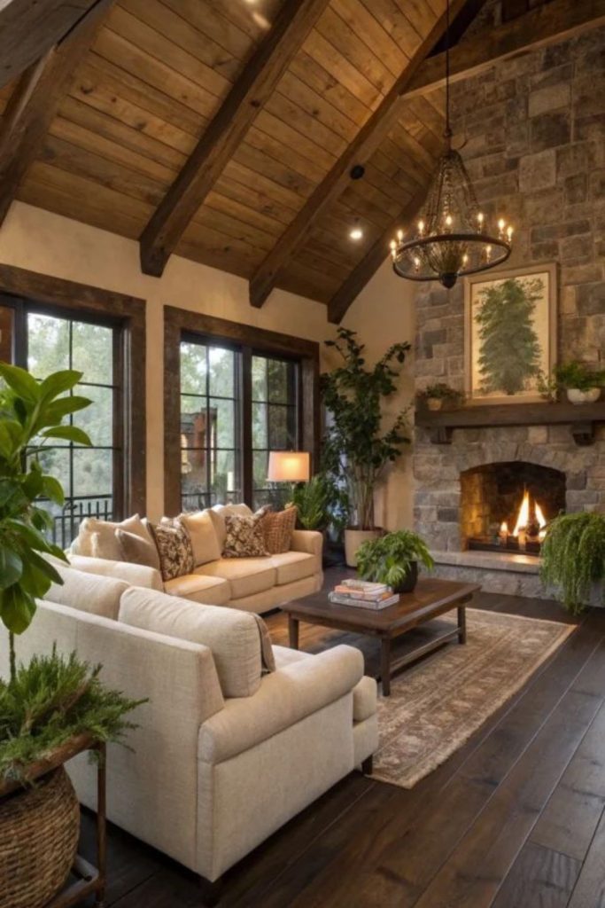 Forest-inspired timber living room cozy.