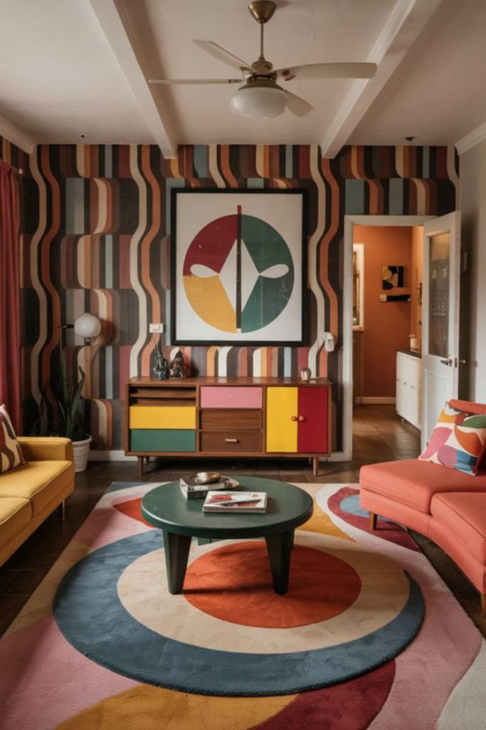Funky colorful midcentury family room
