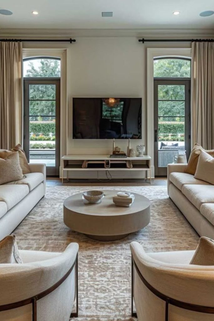 Art-focused elongated modern living room.