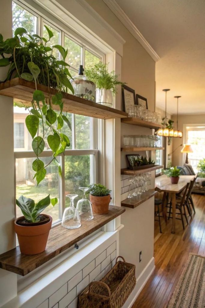 Latticed windows with herb-filled kitchen