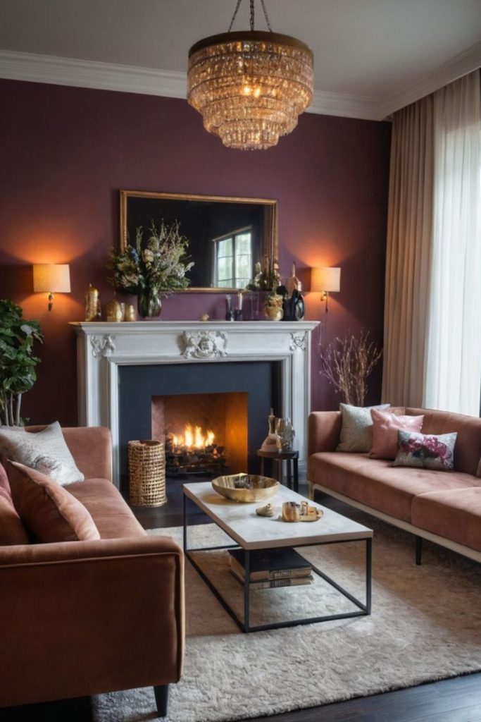 Garnet-burgundy hearth room with firelight.