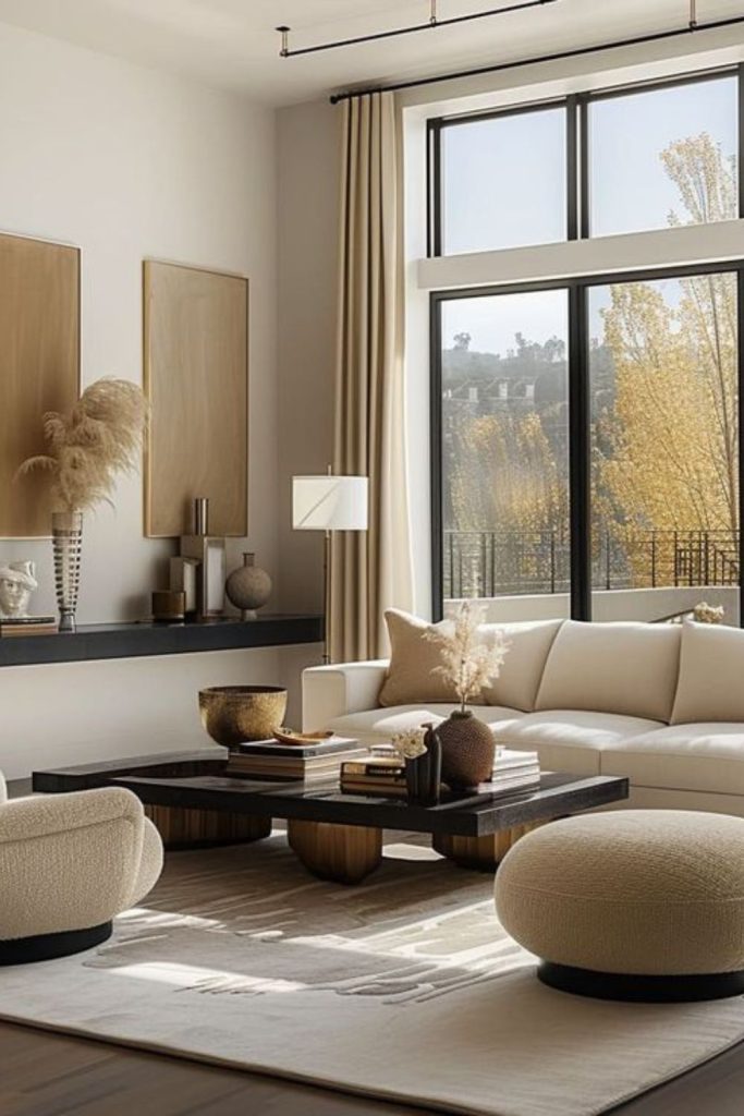 Blocky furniture with angled visual patterns.