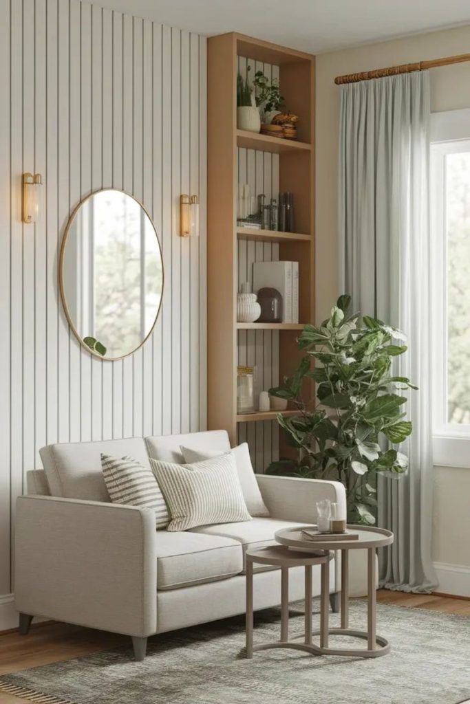 Geometric furniture enhancing long rectangular space.