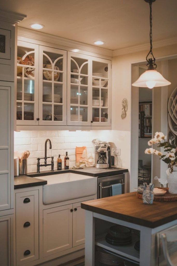 Glass-front cabinets with illuminated interiors