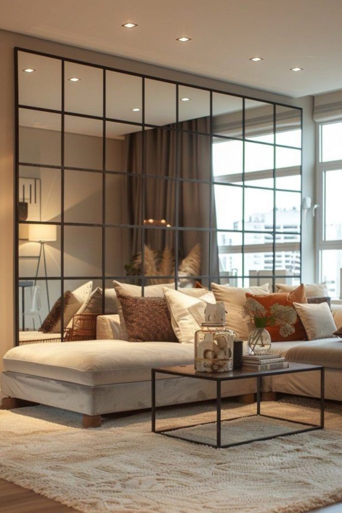 Mirrored panels reflecting light and decor