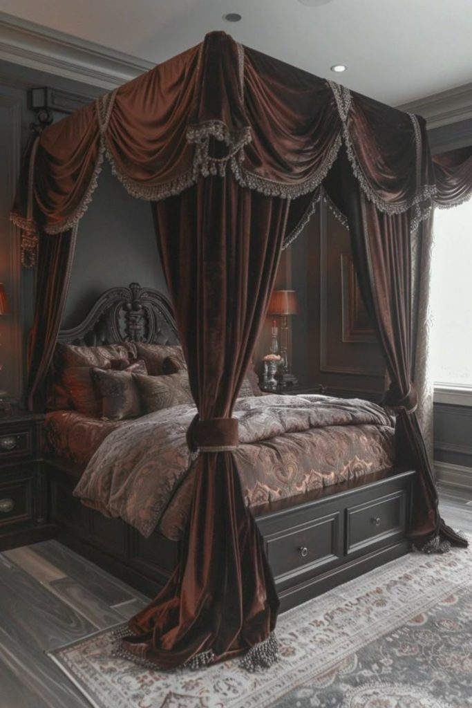 Pearl-accented dark velvet four-poster bed