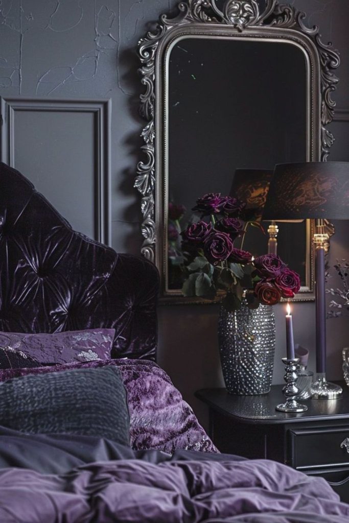 Black and plum flickering light bedroom