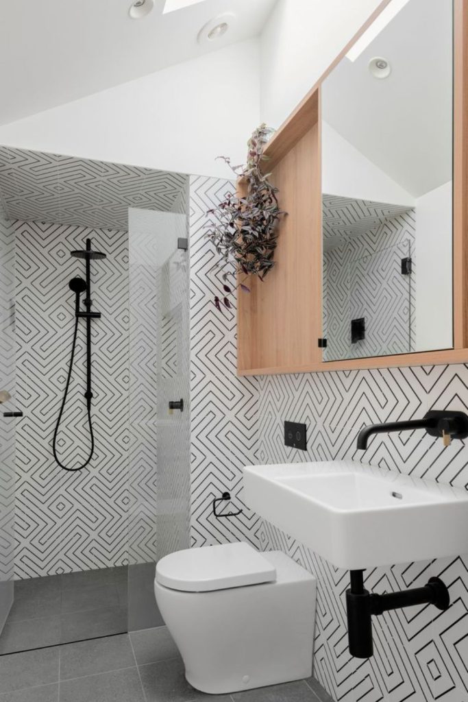 Grid pattern organized bathroom interior