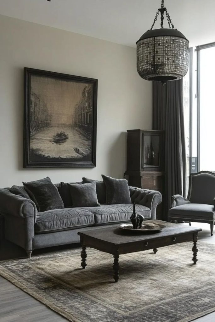 Dark gray lounge with layered shadows