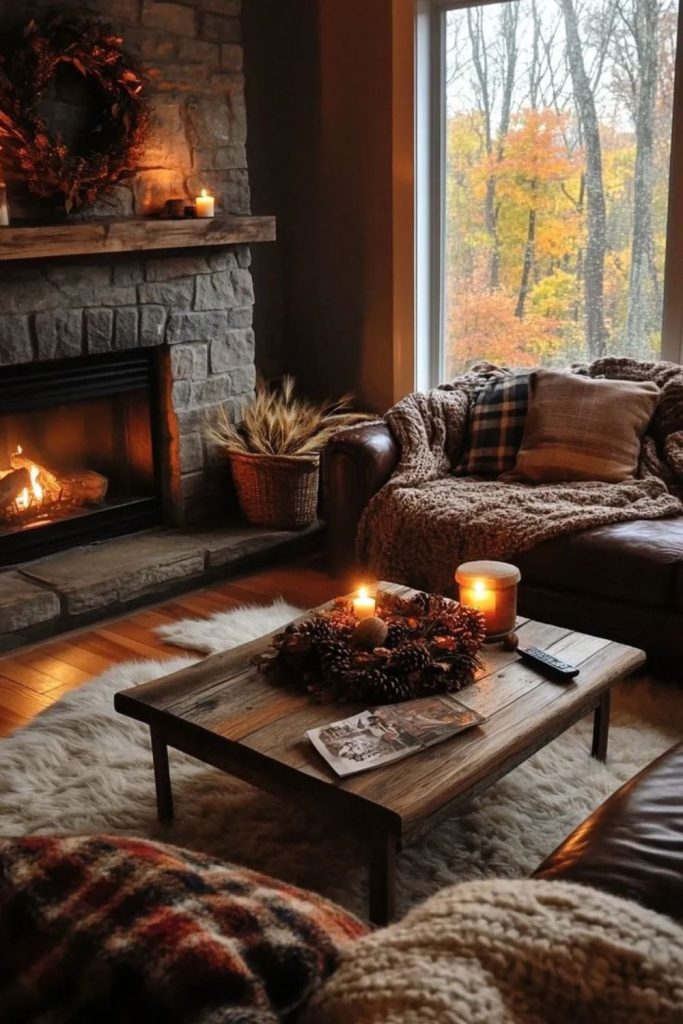 Sunlit rustic living room with fireplace