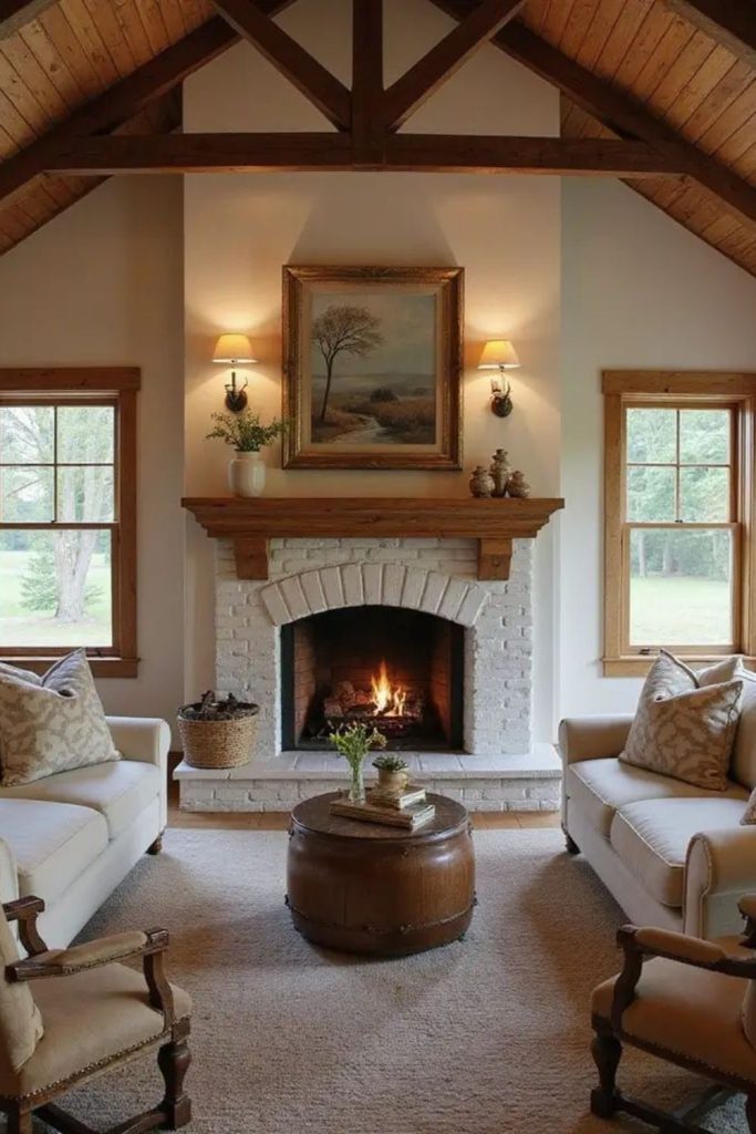 Rustic beams with warm cozy fireplace.