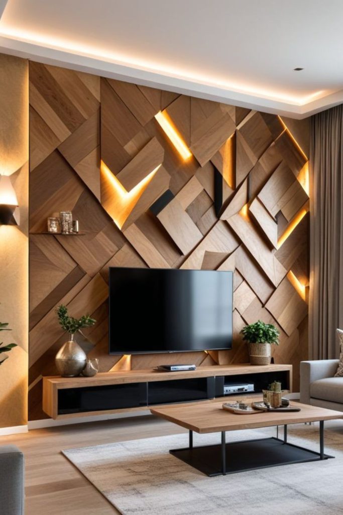 Honeycomb shelves surround television playful design.